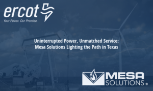 Infographic: ERCOT, Deregulated Energy, and Mesa Solutions in Texas. Key points: ERCOT's role, deregulation, Mesa's distributed generation, demand response, and collaboration with providers for reliable energy solutions.